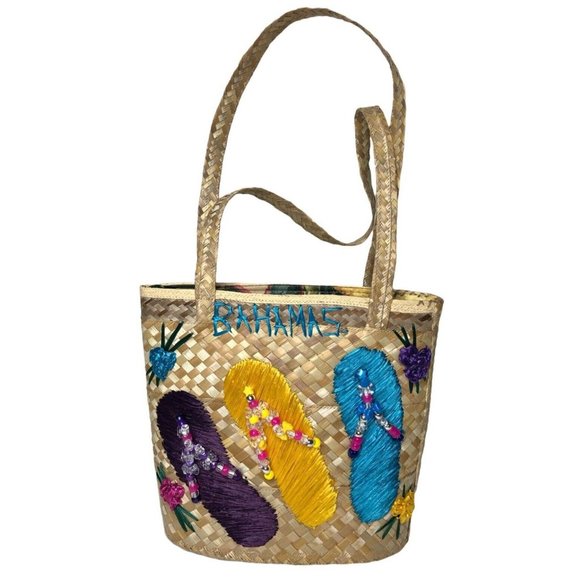 No Brand Handbags - Bahamas Handwoven Straw Tote Bag Purse Floral Flip Flops Beads Lined Cruise Vtg